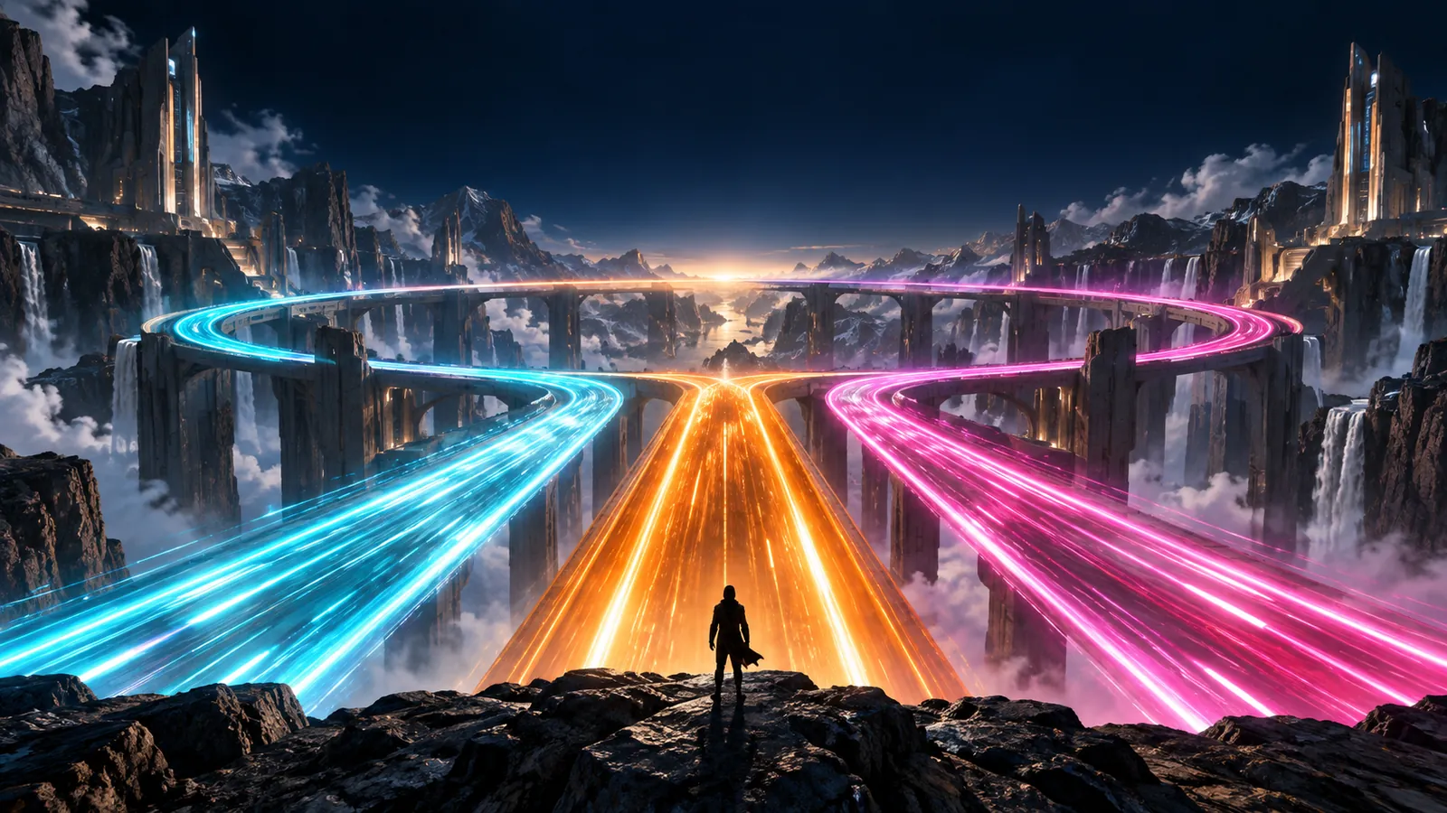 Three luminous light trails of different colors streaking through a dark space past a silhouetted figure