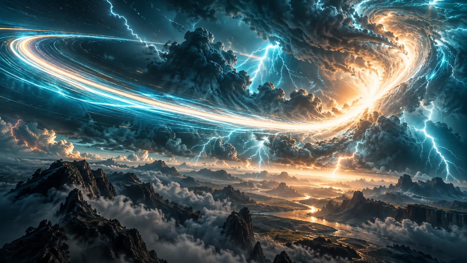 A glowing light ribbon spiraling through a storm of lightning above a rocky mountain landscape