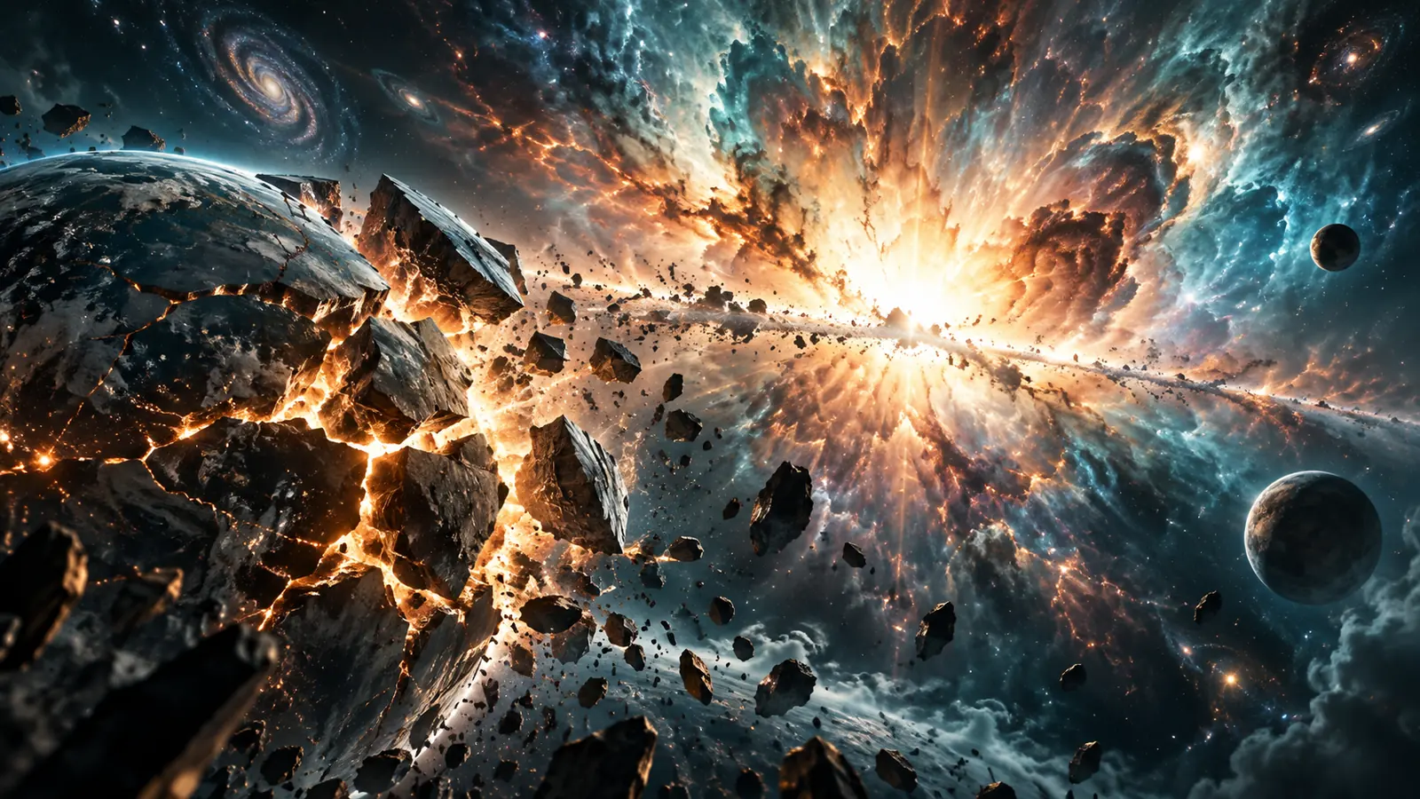 A planet breaking apart in a bright explosion with glowing debris spreading through space