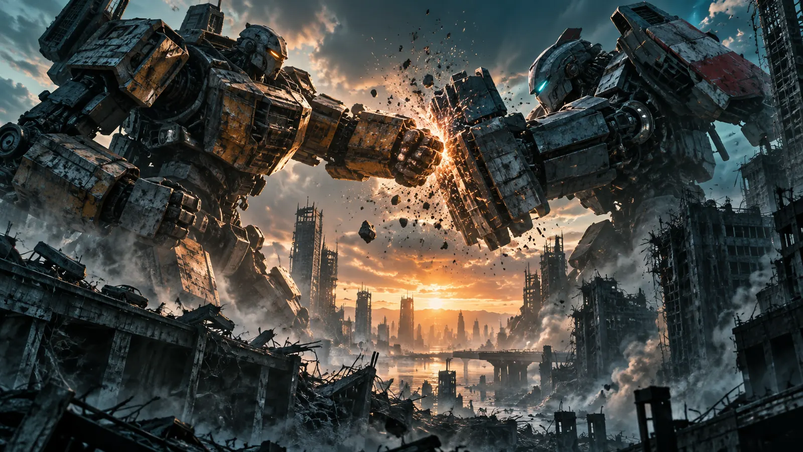 Two giant battle robots fighting over a ruined city at sunset