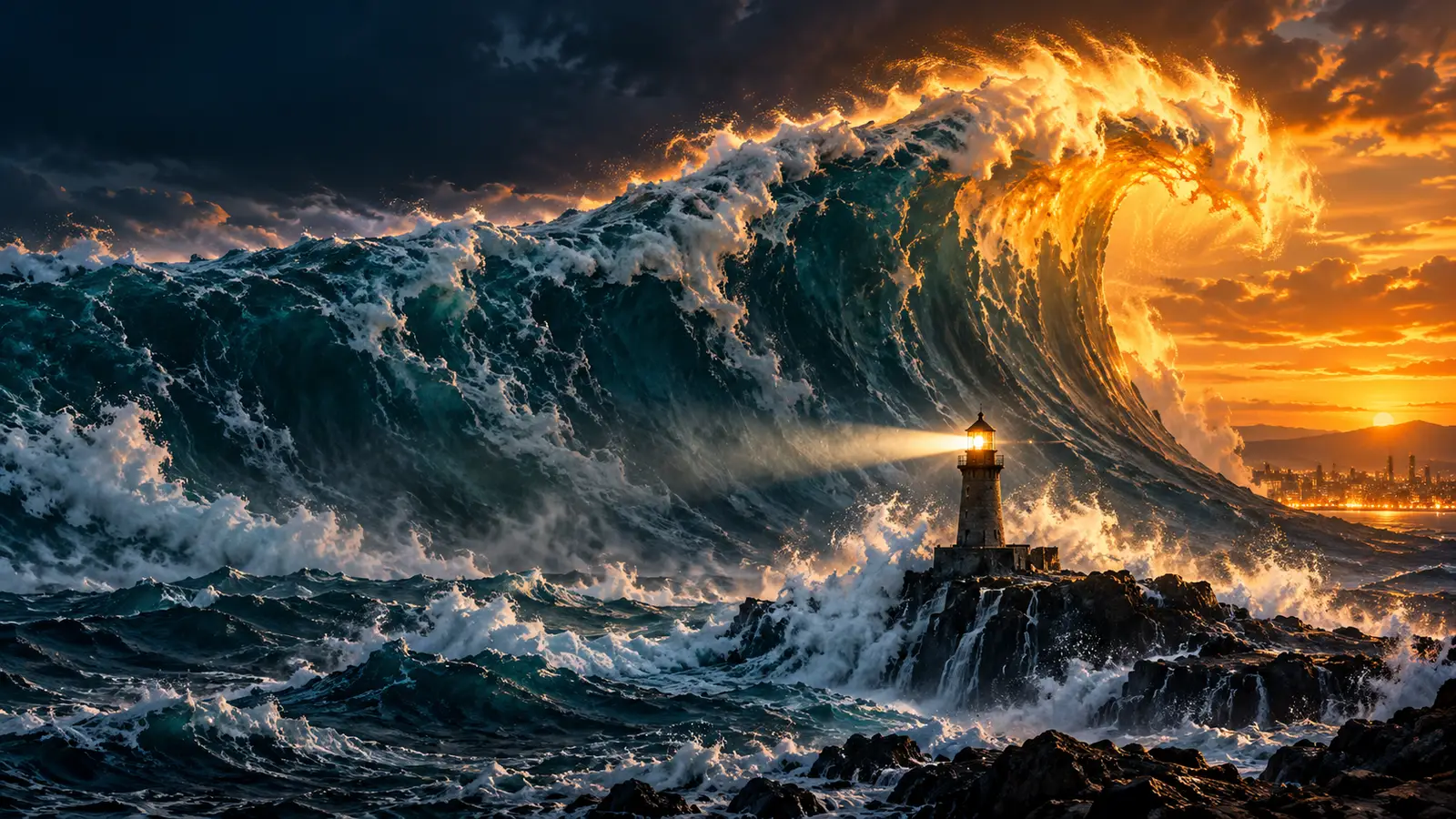 A mountain-sized wave at sunset rolling toward a coastal city past a lone lighthouse