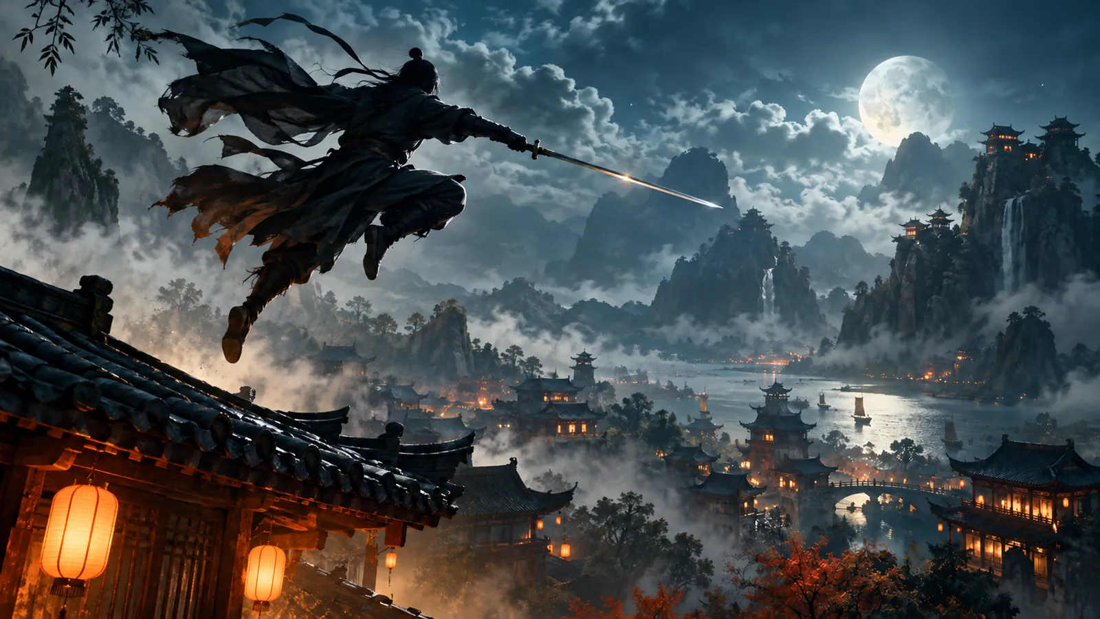 A cloaked swordsman leaping across a moonlit sky above lantern-lit mountain temples