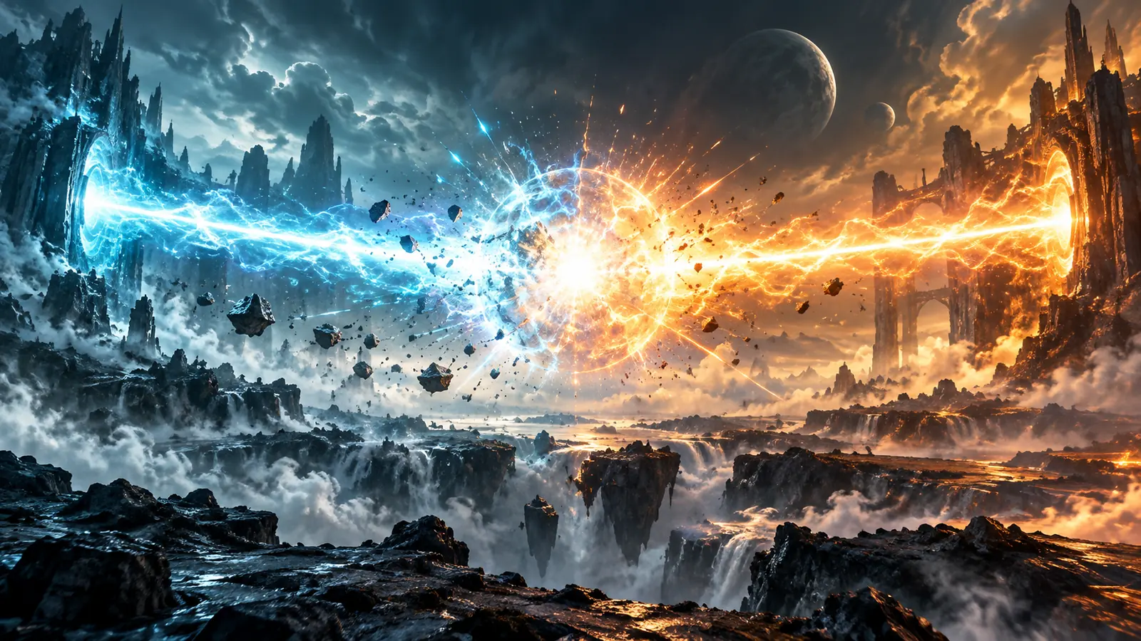Two energy beams, one blue and one orange, colliding in a burst of sparks between rocky cliffs