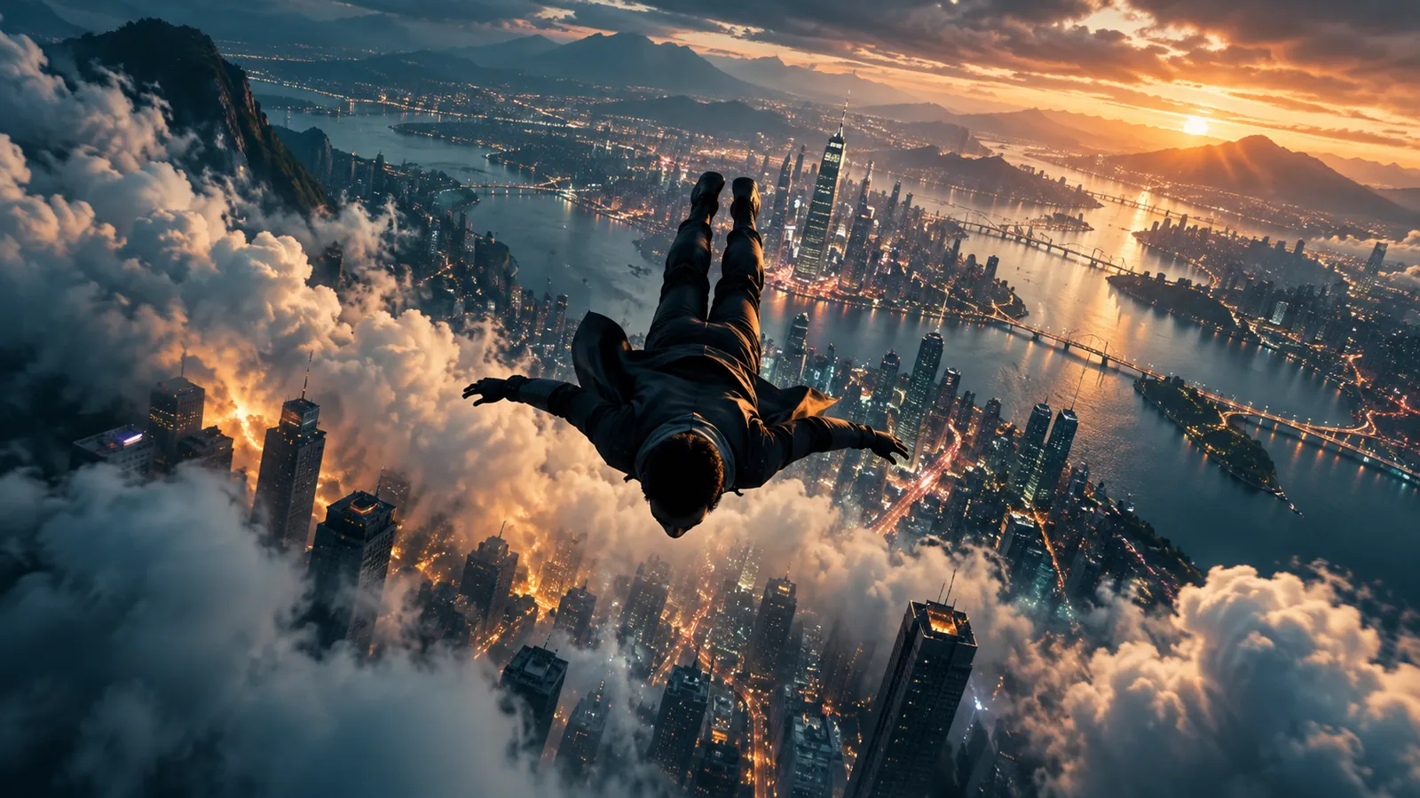 A skydiver in free fall above clouds and a sunlit city skyline