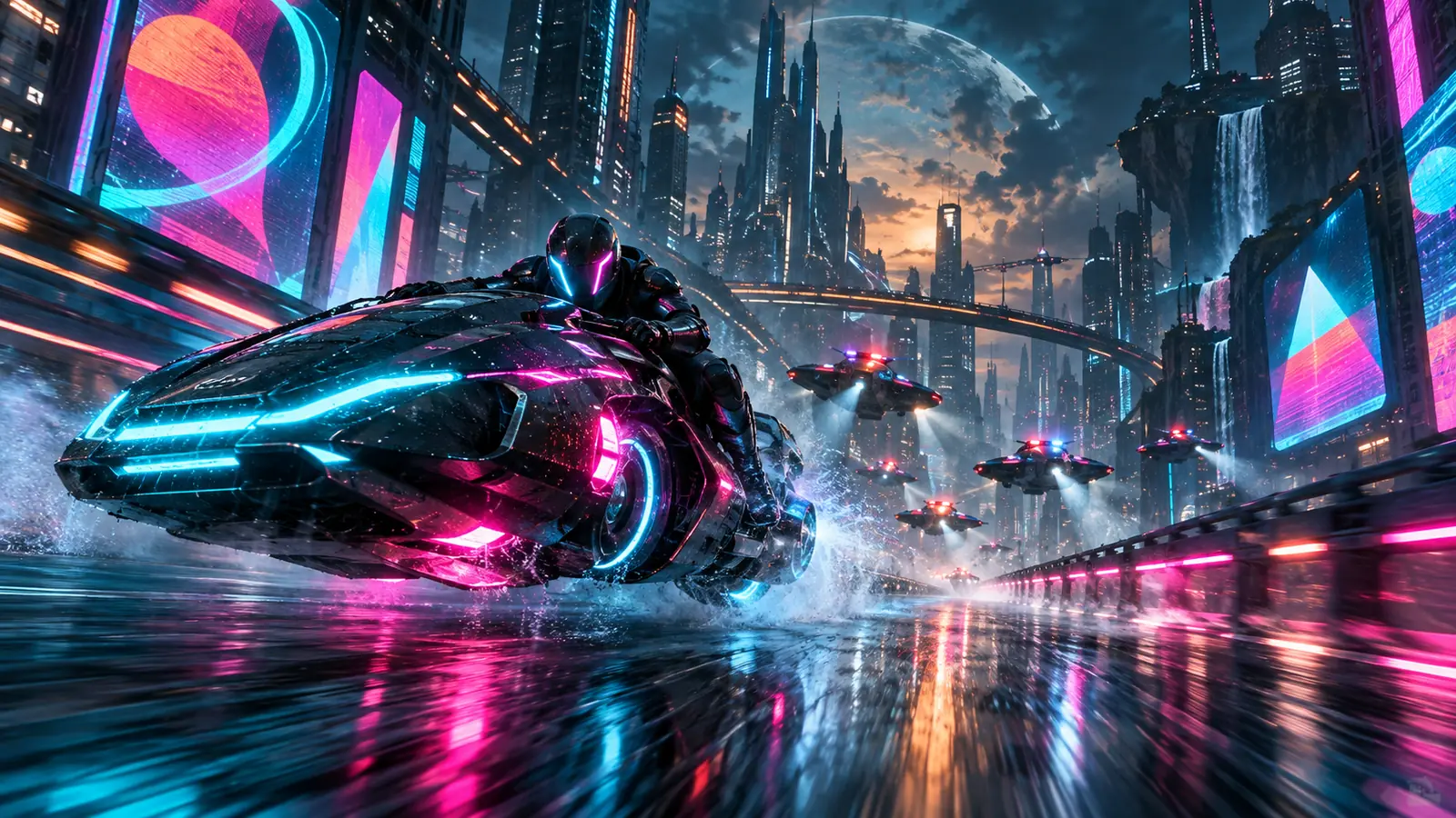 A neon hover bike racing through a wet cyberpunk street with flying drones overhead