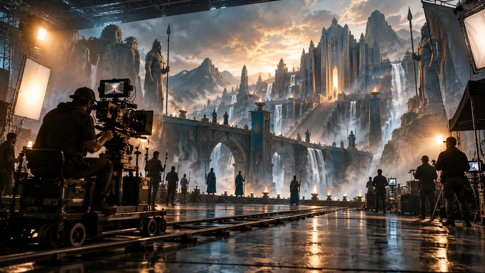 A film crew with a camera on a dolly shooting a fantasy castle set with waterfalls