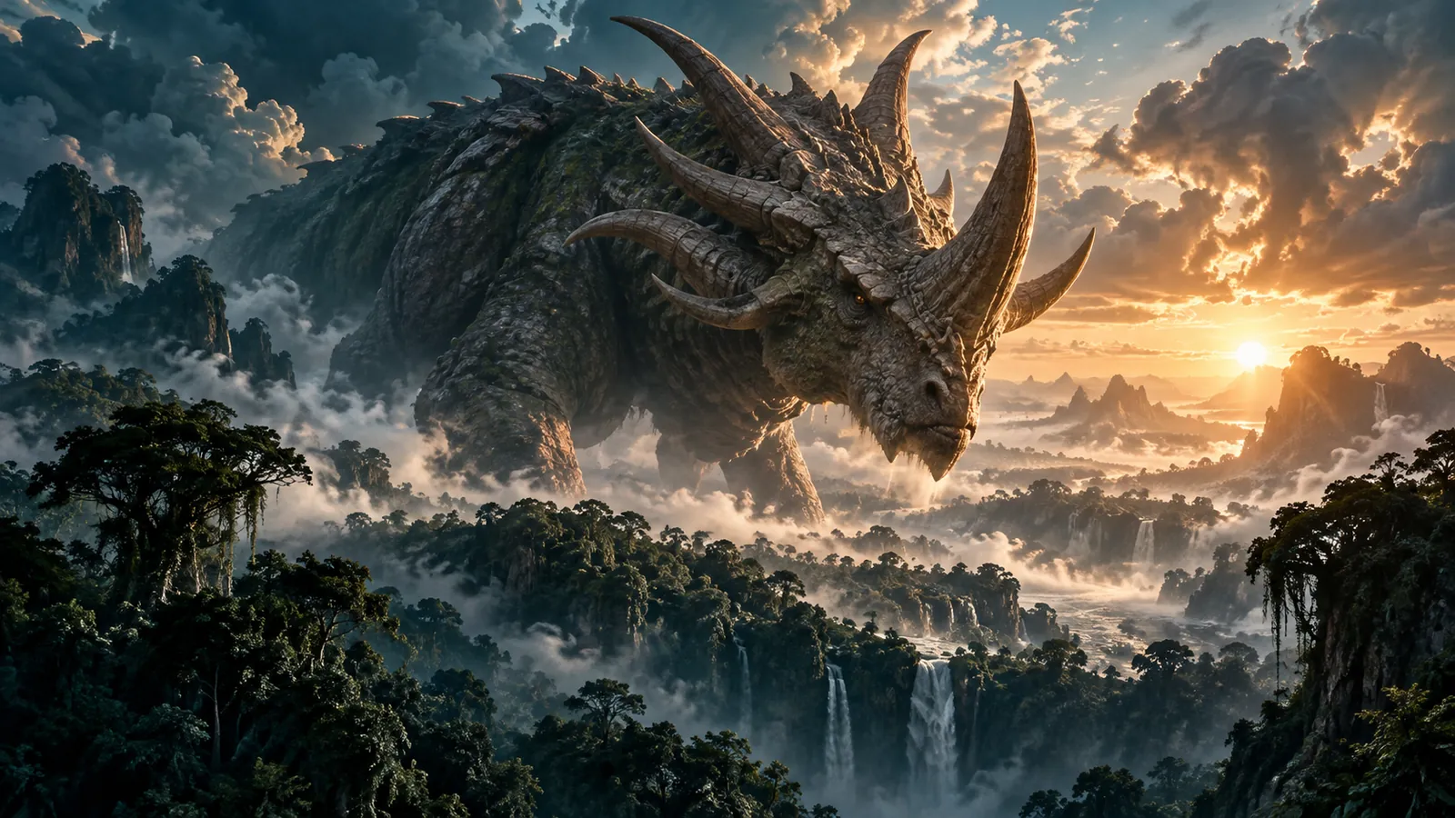 A horned dragon-like creature above a misty jungle valley at golden hour
