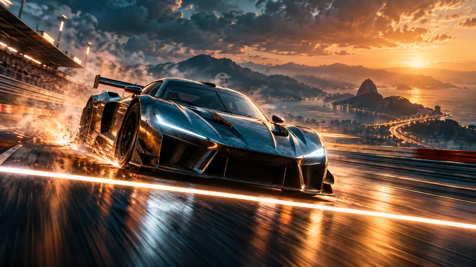 A sleek supercar speeding along a coastal road at sunset with light streaks behind it