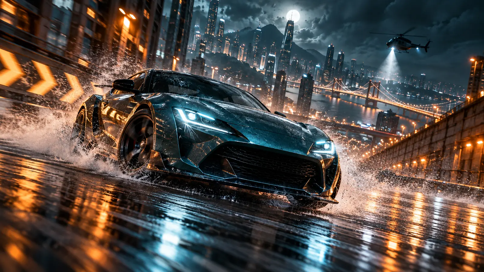 A dark sports car splashing through a rainy night street in a futuristic city