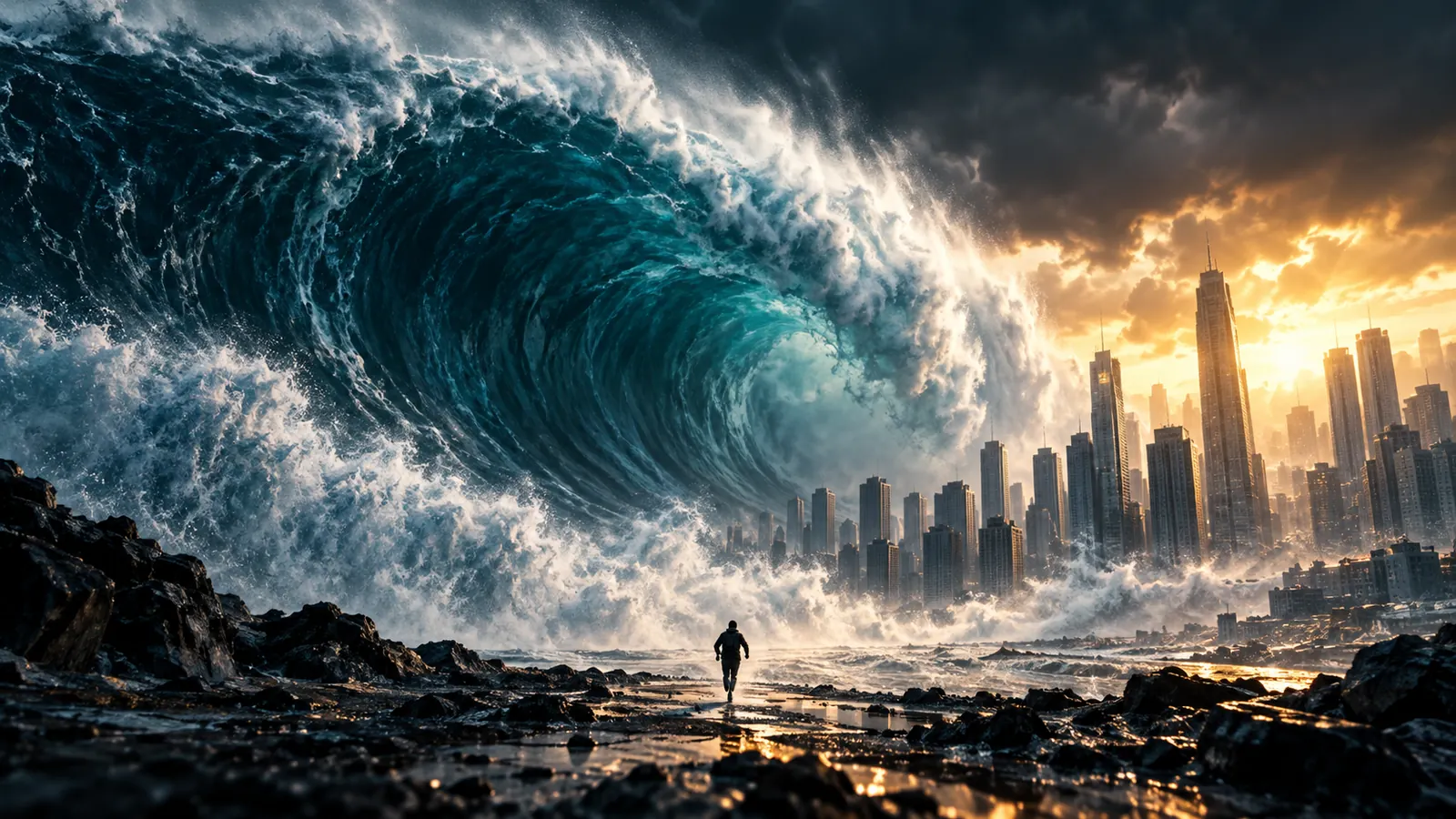 A huge ocean wave about to crash over a coastal city while a lone figure watches from the rocks