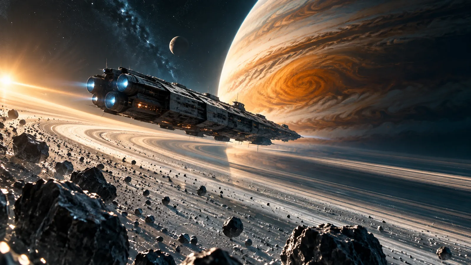 A spaceship gliding along the rings of a giant banded planet