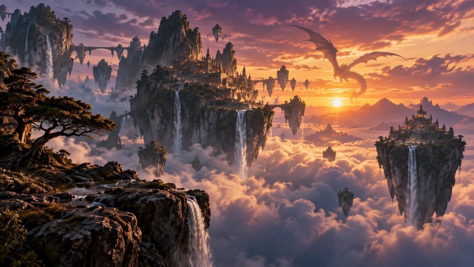 Floating rock islands with waterfalls and a dragon flying through a pink sunset sky